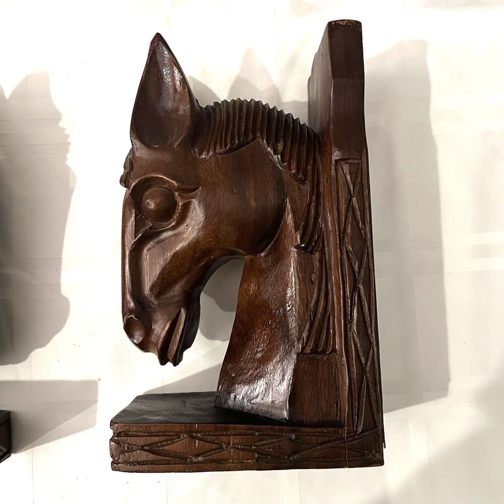 VTG Hand Carved Wood Horse Head Bookends Western Rustic Decor Cowboy Equestrian - Picture 8 of 9